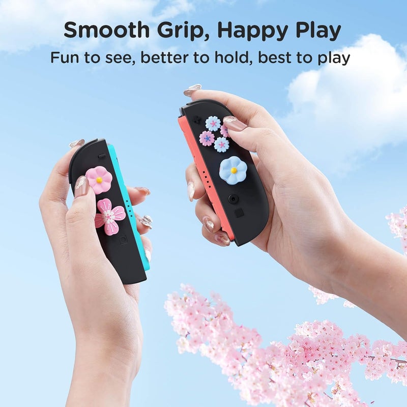 Jemdo Thumb Grips & Button Caps Set Compatible with Nintendo Switch 2 (2025) – 7pcs Pink/Blue Flower Silicone Joystick Caps and Button Covers, Cute & Comfortable Controller Stick Gifts for Girl & Kids - Image 4